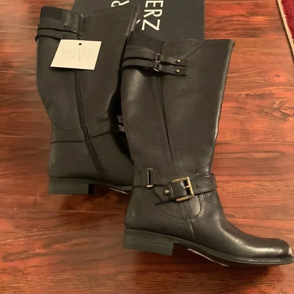 Naturalizer Women’s Jackie leather tall riding wide calf black boot size 5, NIB